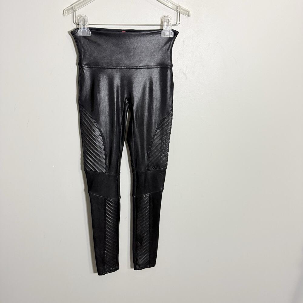 Spanx Women's Black Faux Leather Quilted Panel High Rise Moto Leggings Size S - Picture 3 of 6